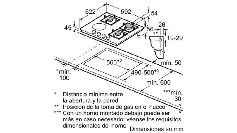 Dibujo técnico con dimensiones de una placa de cocina con cuatro quemadores y área circundante.