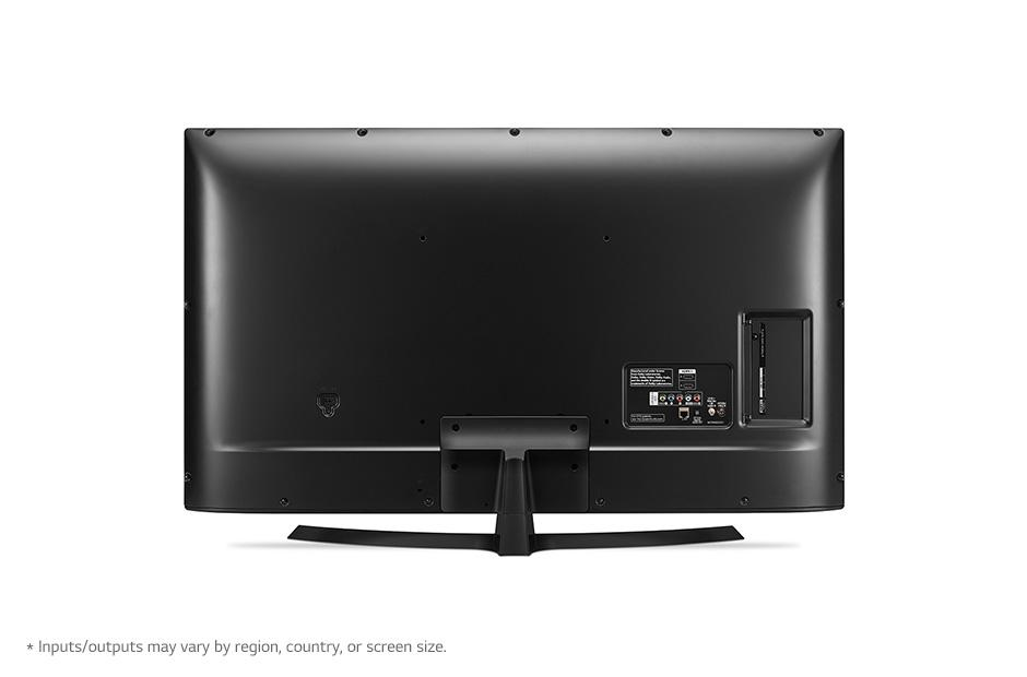 Parte trasera de un televisor LG negro, con entradas y soporte, fondo blanco.