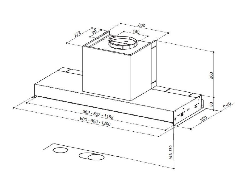 Dibujo técnico de una campana extractora. Muestra dimensiones en mm, contorno de la estructura.