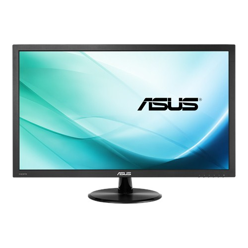 İnce çerçeveli siyah ASUS monitör. Mavi ve yeşil soyut arka plan. ASUS logosu görünür.