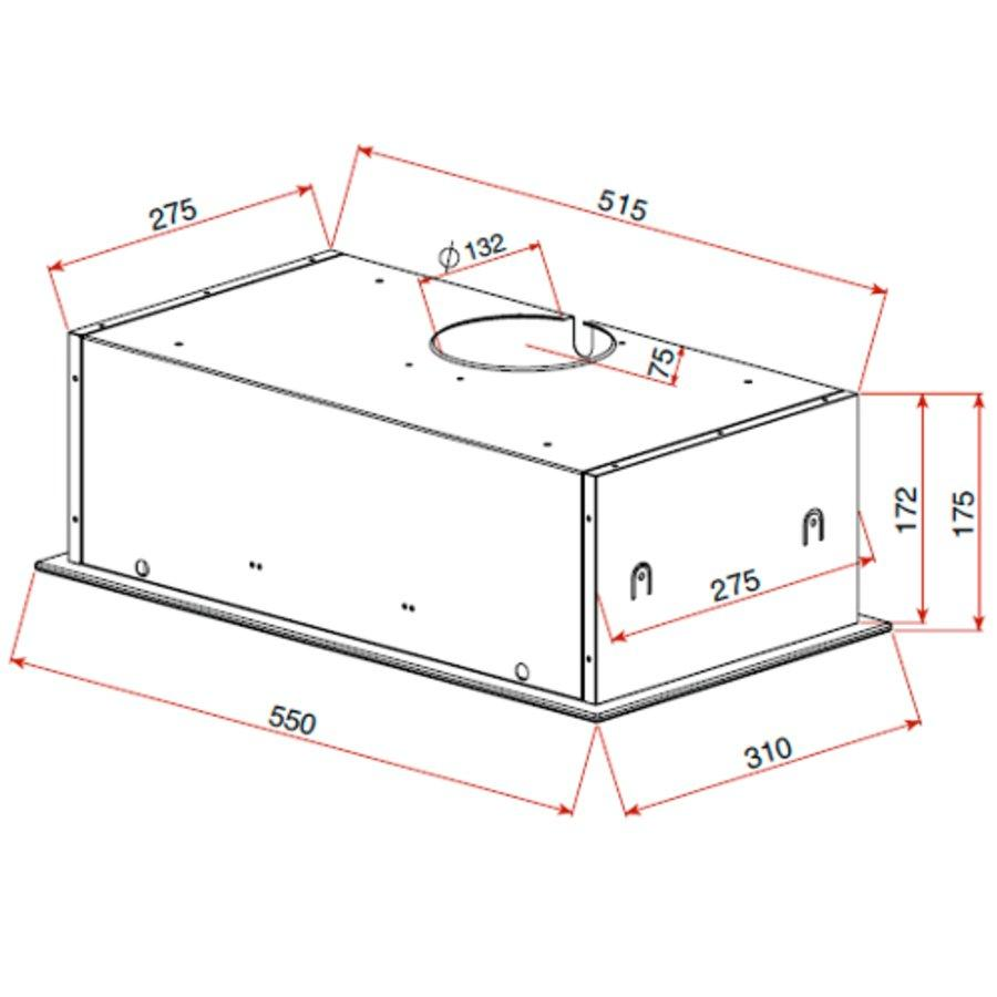 Dibujo técnico de una campana extractora rectangular con dimensiones en milímetros. Es blanca.