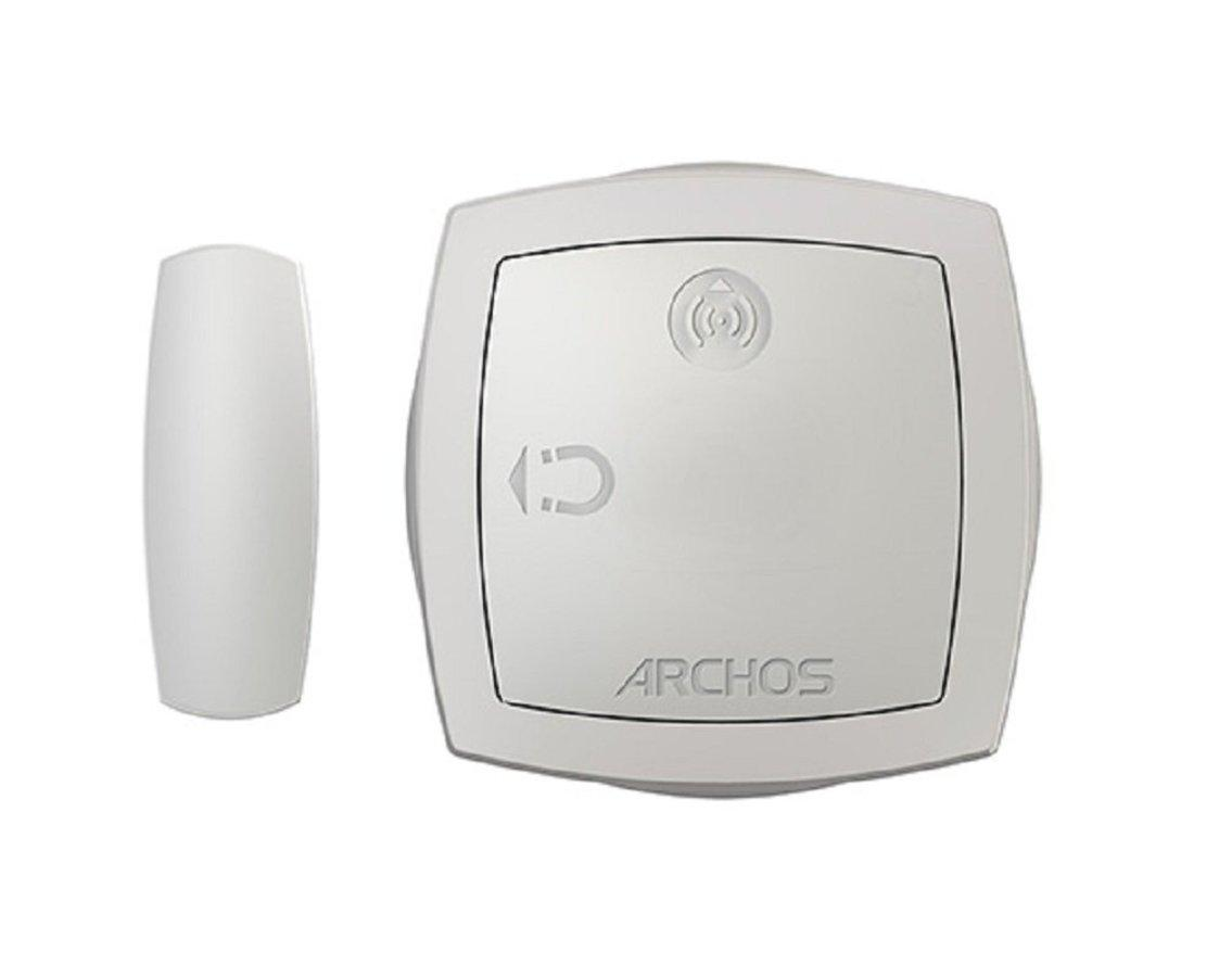 Dispositivo doméstico inteligente Archos blanco con botón, logo y sensor blanco alargado.