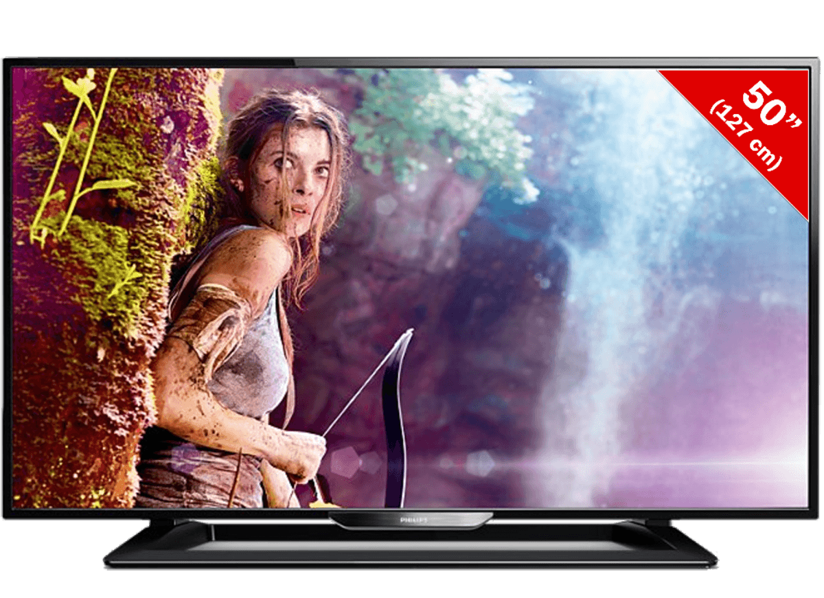 TV Philips de 50 pulgadas muestra una escena de película con una mujer con arco y flecha.