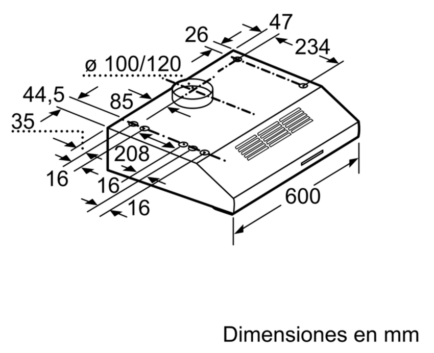 Dibujo técnico con dimensiones en mm de una campana extractora. Muestra vistas superior y lateral.