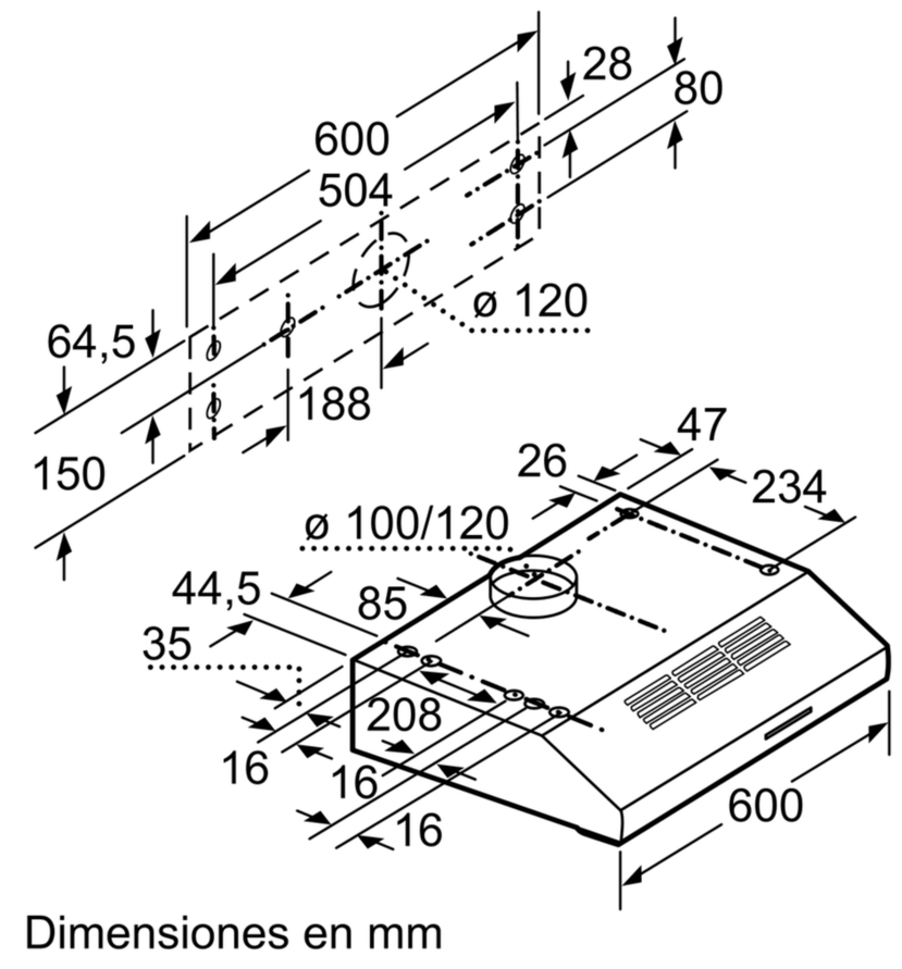 Dibujo técnico de un electrodoméstico. Muestra dimensiones, etiquetadas en milímetros. Líneas y formas en blanco y negro.