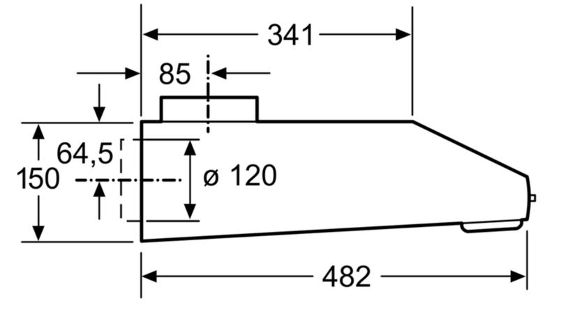 Dibujo técnico con dimensiones. Muestra una vista lateral de un dispositivo.