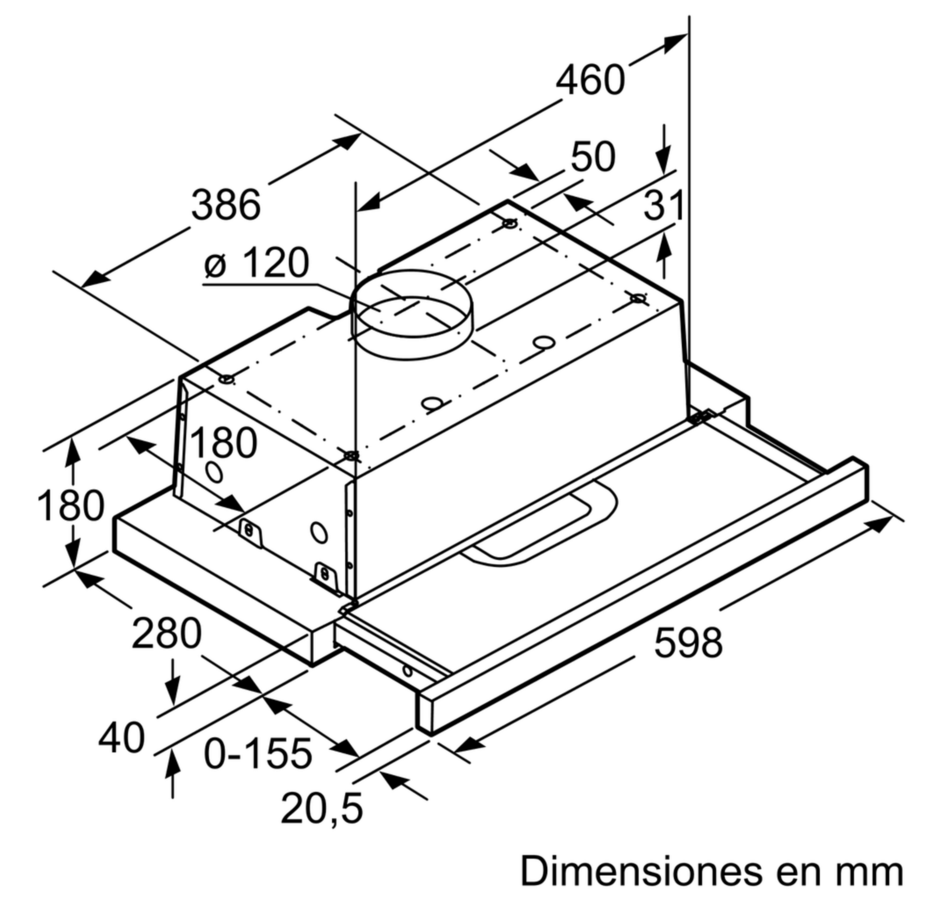 Dibujo técnico de una campana extractora con medidas en mm. Muestra dimensiones y componentes internos.