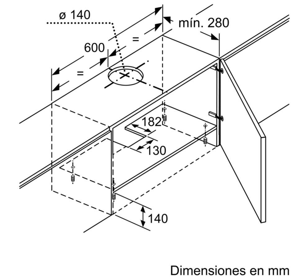 Dibujo técnico de mueble de cocina con dimensiones. Líneas en blanco y negro.