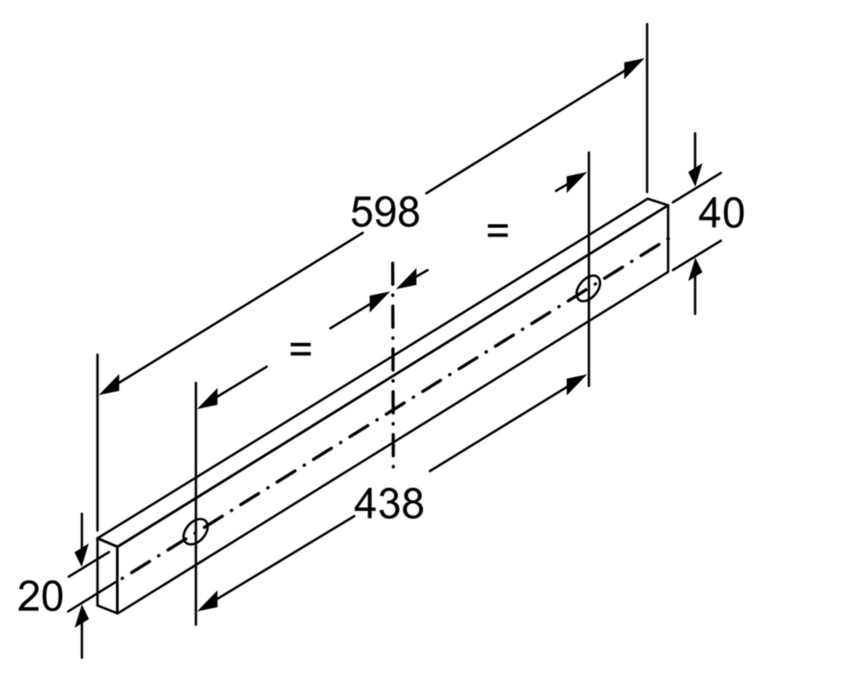 Dibujo técnico de un elemento rectangular con dimensiones. Líneas negras sobre fondo negro.