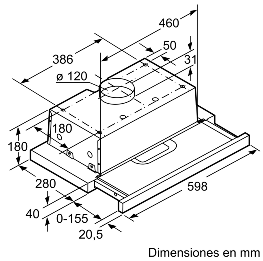 Dibujo técnico con dimensiones de una campana extractora con base rectangular y tubería.