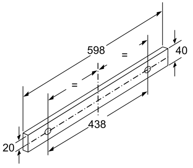 Un dibujo técnico de una barra de metal con dimensiones. Las medidas y flechas son negras.