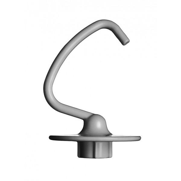 Accesorio de batidora KitchenAid gris. En forma de gancho. Fondo blanco.