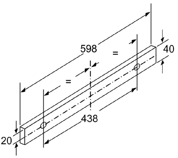 Bloque rectangular de madera con dimensiones: 598 mm largo, 40 mm ancho, y 20 mm grosor.