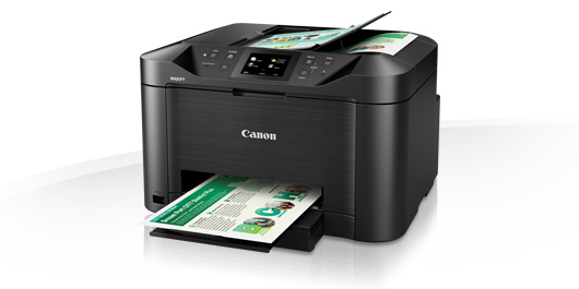Una impresora Canon MAXIFY negra. Imprime un documento con gráficos en color. Hay un panel de control en la parte superior.