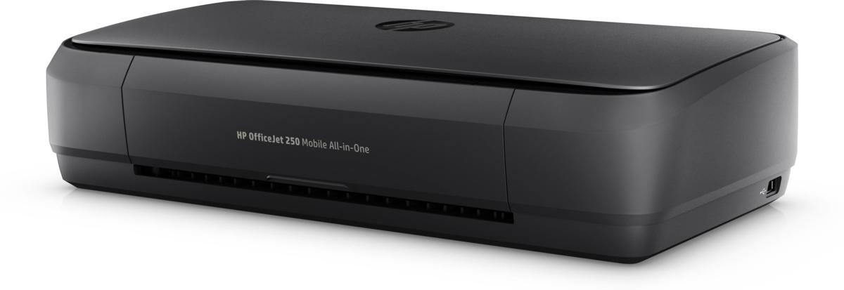 Impresora HP OfficeJet 250 negra sobre un fondo blanco. Tiene un diseño elegante y rectangular.