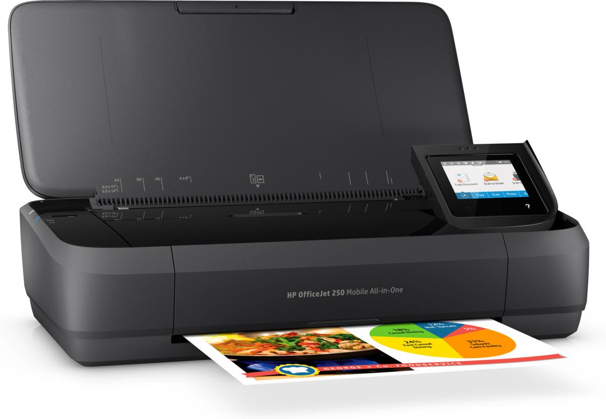 Impresora HP OfficeJet 250 negra con pantalla a color y una página impresa saliendo.