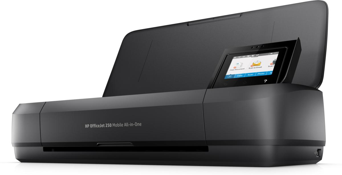Impresora HP OfficeJet 250 Mobile All-in-One negra con pantalla abierta.