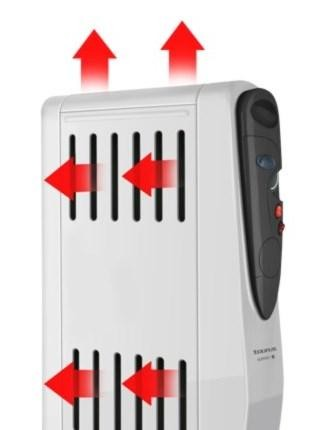 Calentador eléctrico blanco con flechas rojas que indican el flujo de aire. Marca Taurus, vista lateral, fondo blanco.