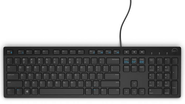 Teclado Dell negro. Tiene múltiples filas de teclas y un cable. Letras y símbolos blancos en las teclas.