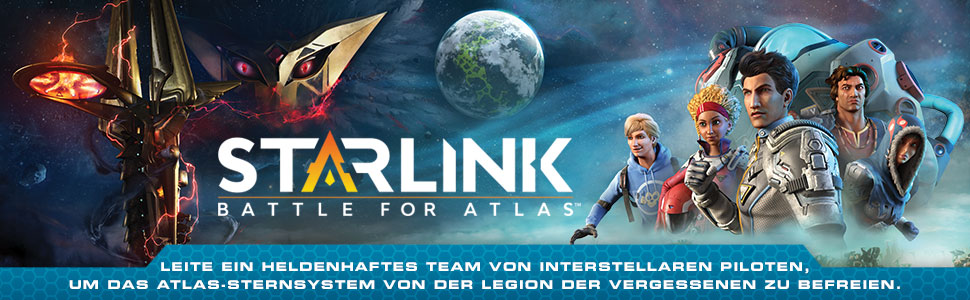 Starlink-Spielbanner. Weltraumszene mit Charakteren und Text. Blau und Weiß.