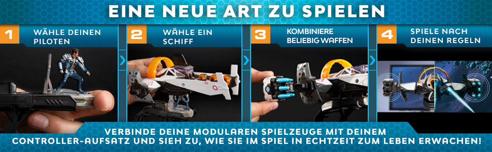 Vier Schritte zur Montage eines Spielzeugs mit Figuren, Spielzeugteilen und Text.
