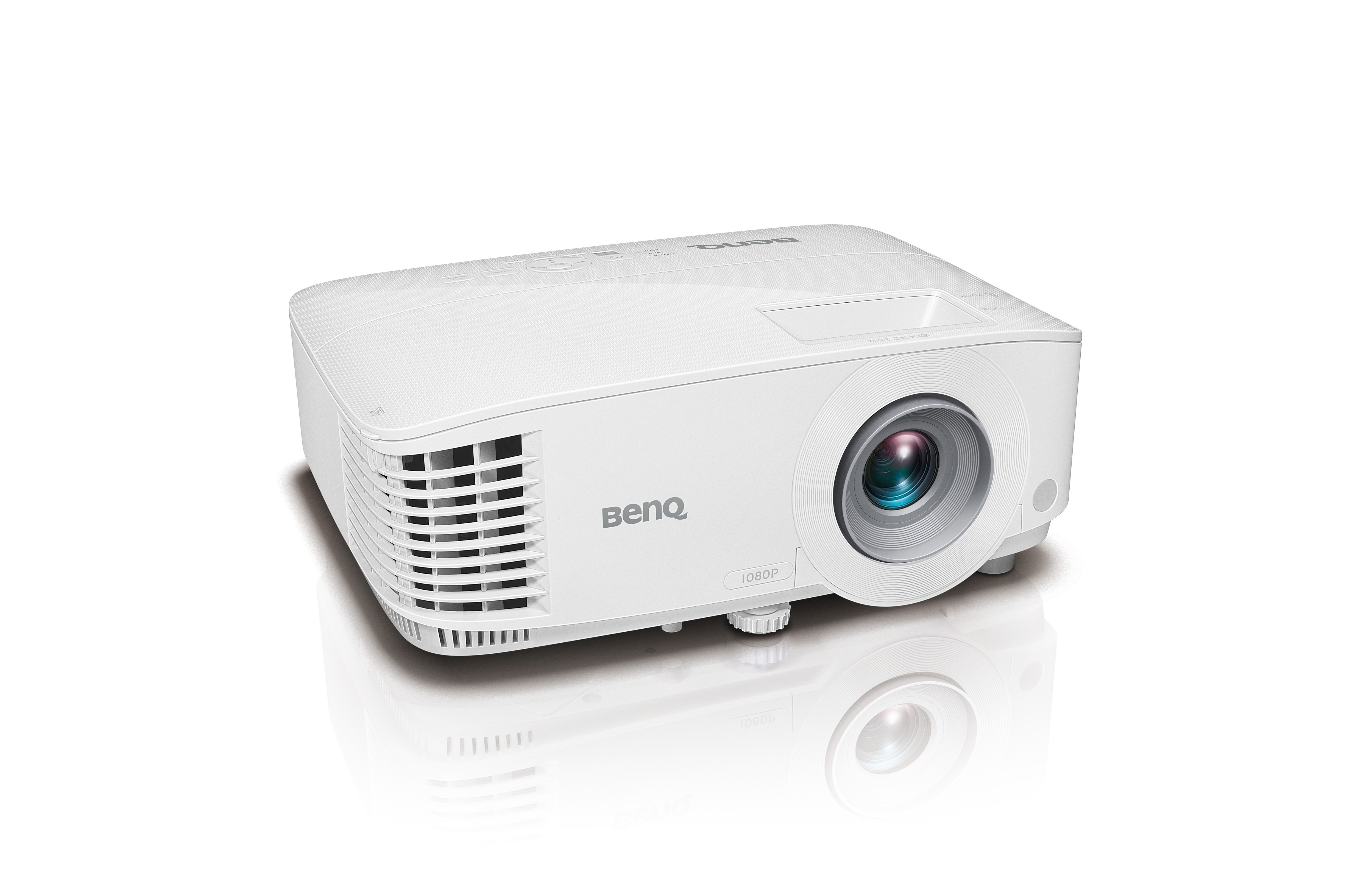 Proyector blanco con lente, la palabra BenQ está en la parte delantera.