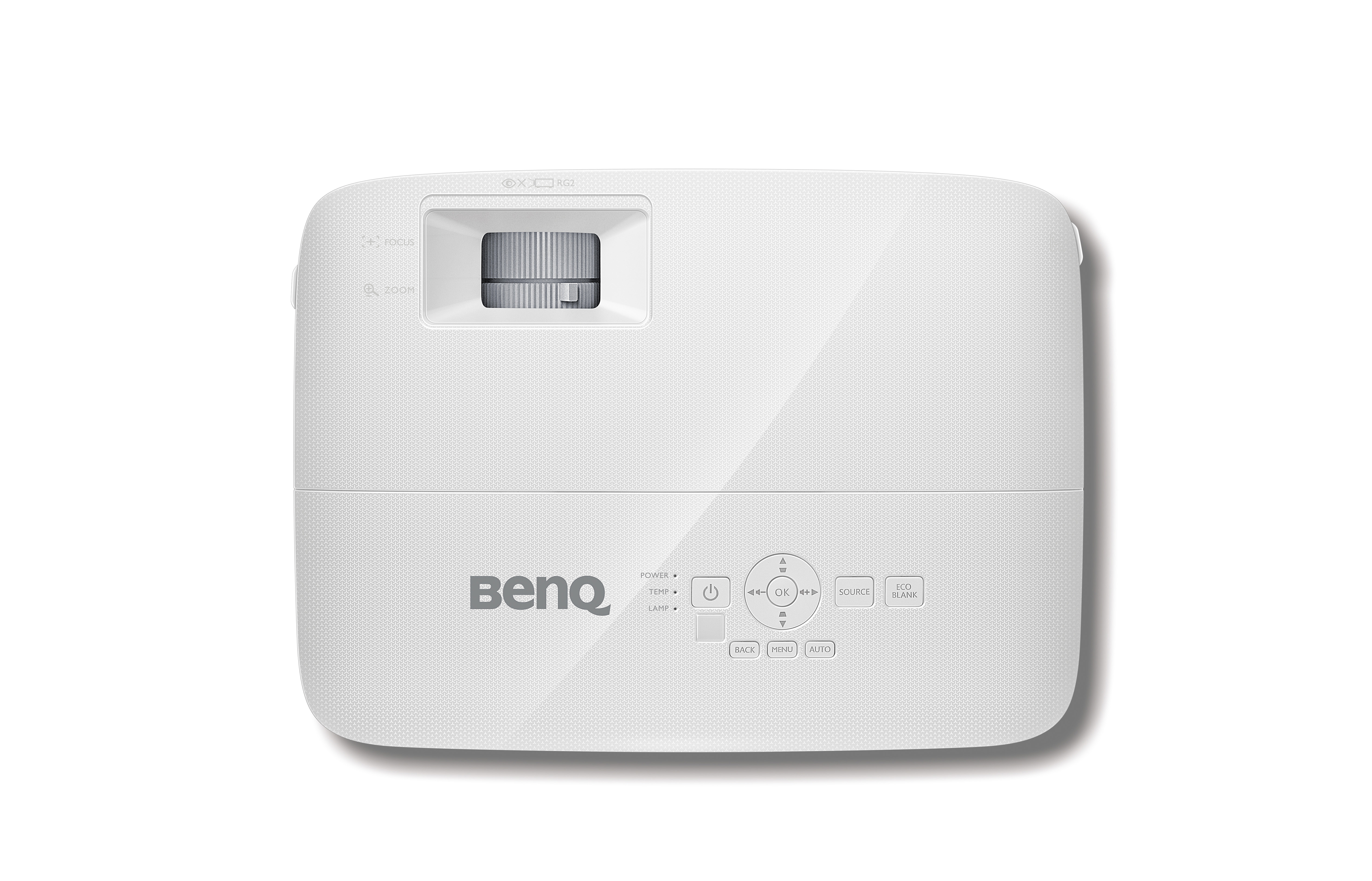 Proyector BenQ blanco con múltiples botones y una lente. Fondo blanco.