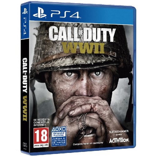 Caja del juego Call of Duty WWII. Hombre con casco en la portada. Logotipo de PS4 en la esquina superior izquierda.