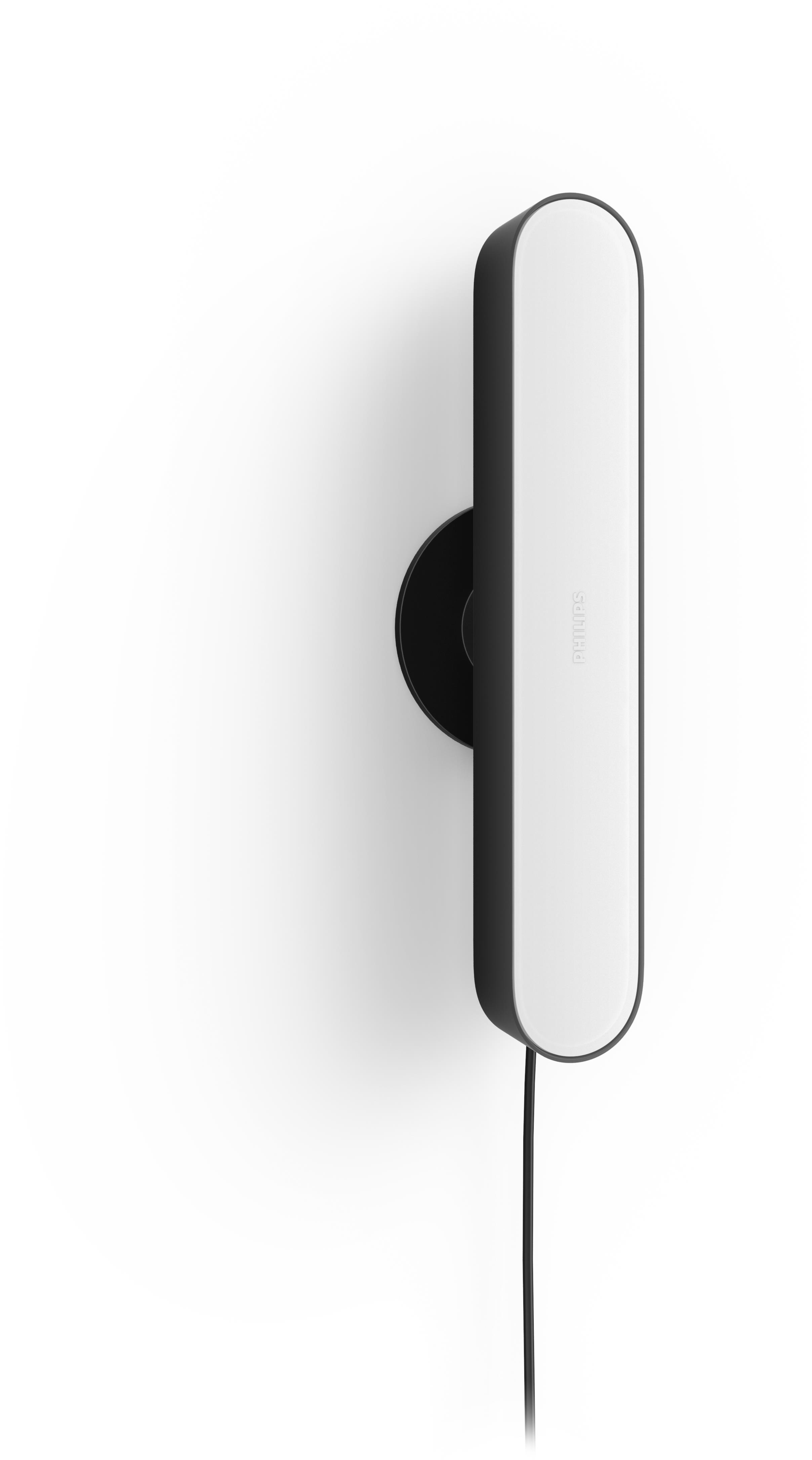 Egy fehér és fekete Philips Hue fali lámpatest, modern, letisztult design.