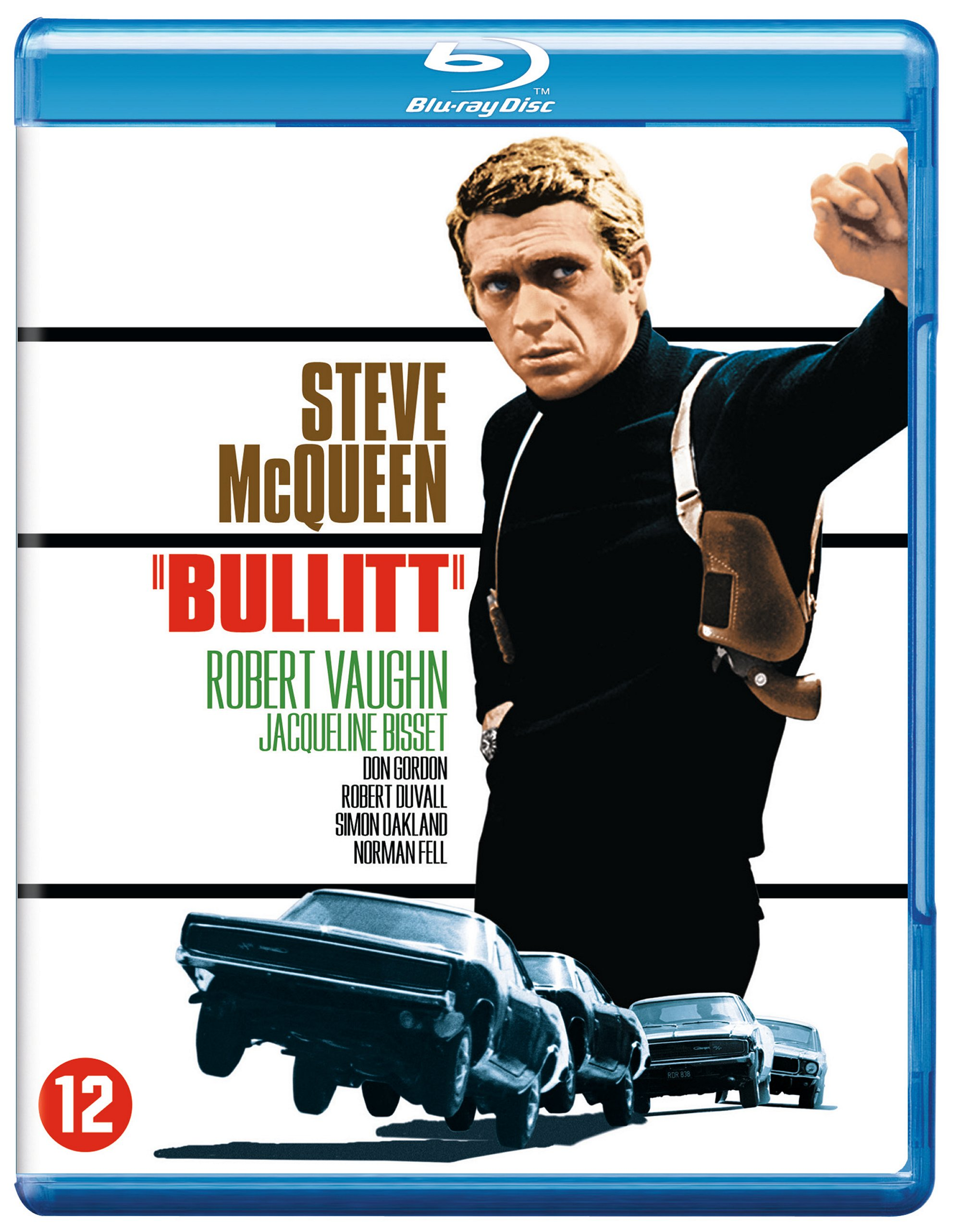 Blu-ray cover. Steve McQueen in een zwarte coltrui. Auto's op de achtergrond. Filmtitel: Bullitt.