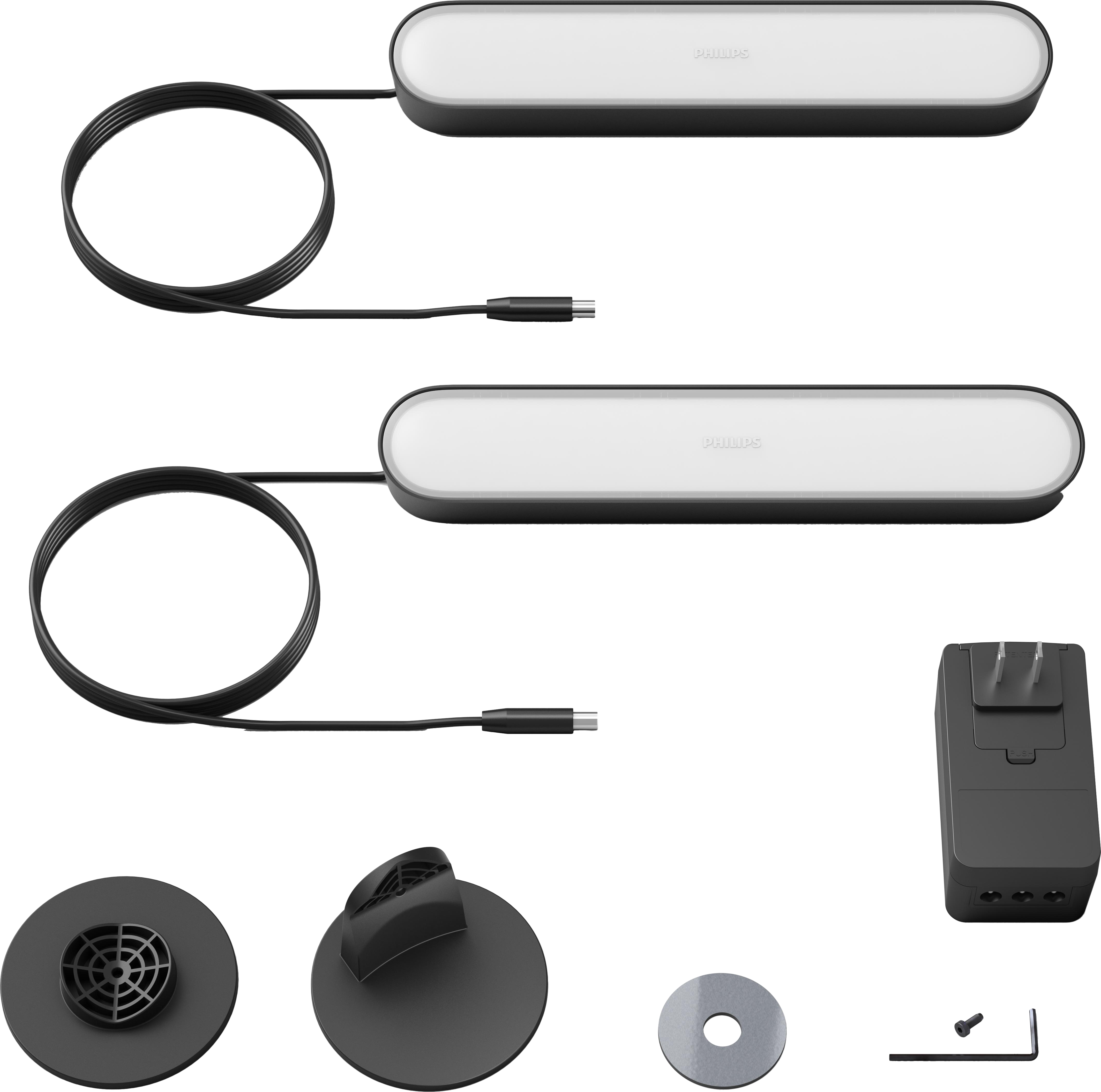 Két Philips Hue fénysáv, fehér, kábelekkel és rögzítő tartozékokkal, fekete háttér előtt.