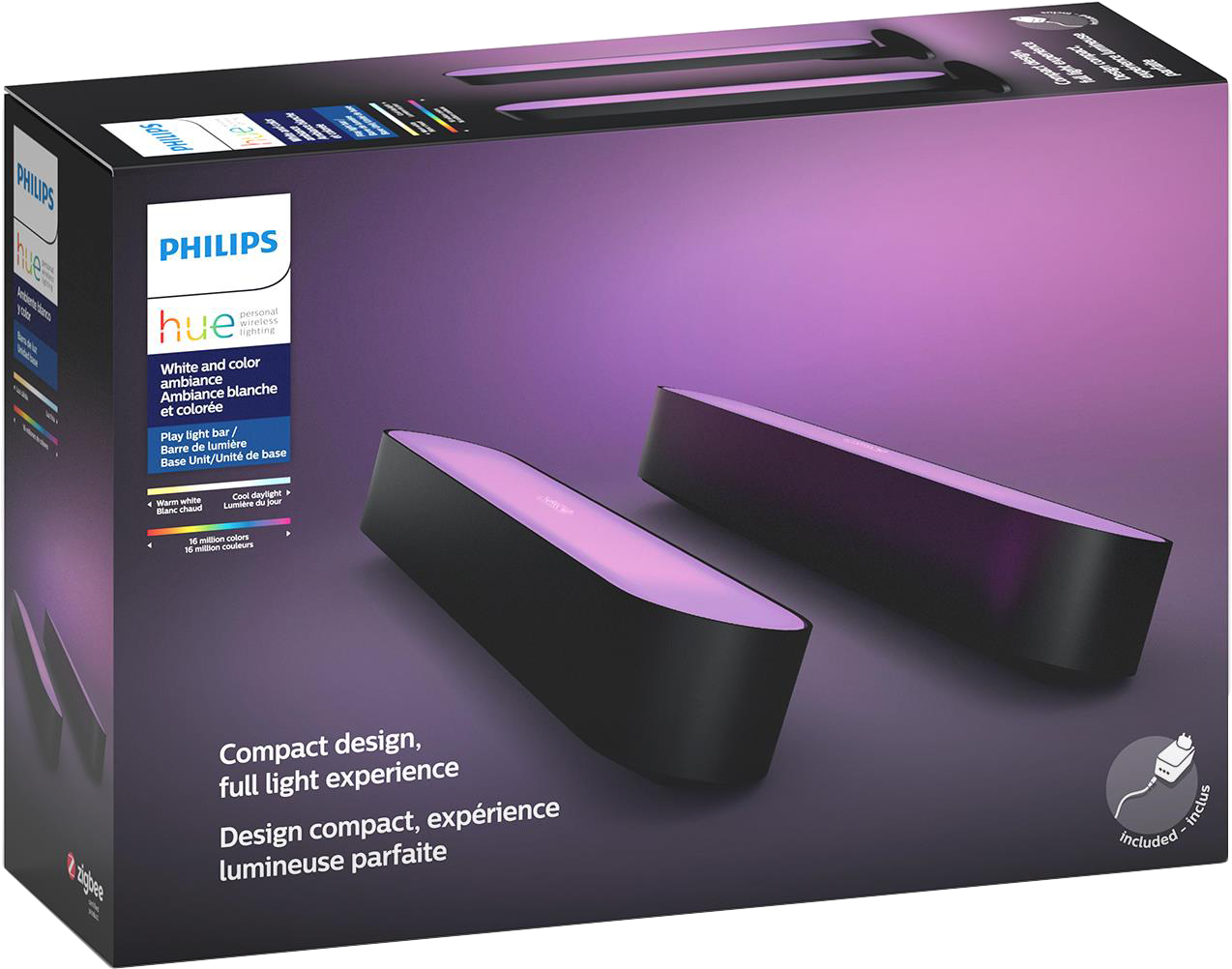 Egy Philips Hue fénysávos doboz. A doboz fekete, fehér és lila. Két fénysáv van benne.