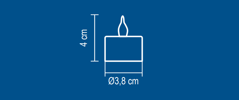 Egy gyertya diagramja méretekkel. A gyertya téglalap alakú, lánggal.