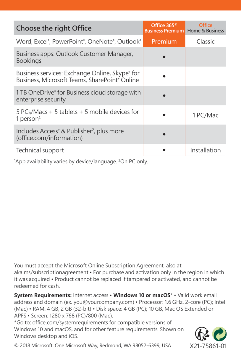 Office 365 Business Premium 2019 (1 user/15 devices/1 year) - PC/MAC - English