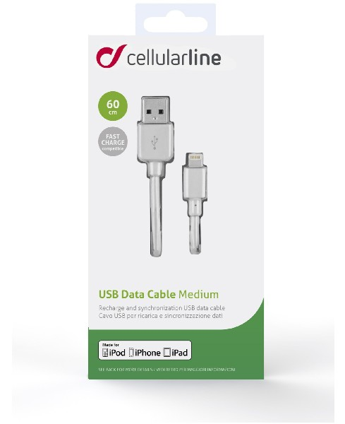 Cable de datos USB blanco en un paquete. El paquete tiene texto y un diagrama.