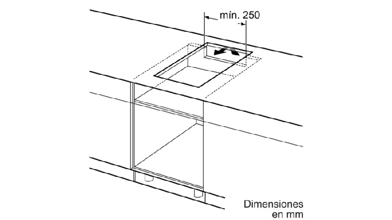 Diagrama que muestra las dimensiones para la instalación de una encimera, en mm, en un recorte.