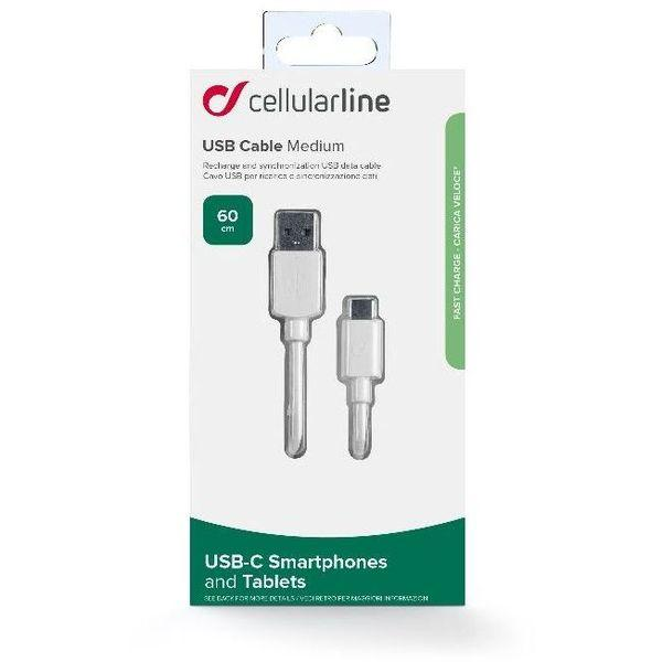 Paquete de cable USB-C Cellularline. Cable blanco y embalaje blanco y verde.