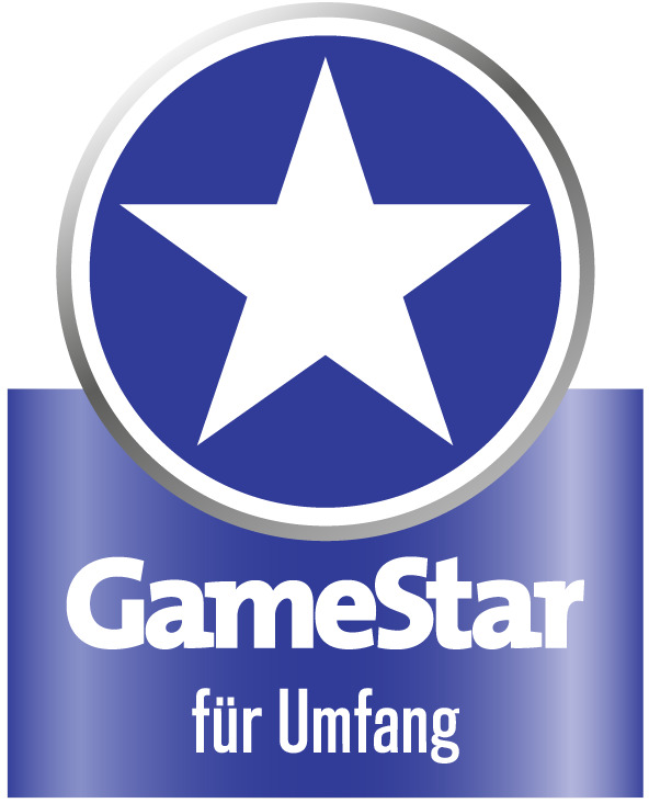 GameStar-Logo mit Stern in blauem Kreis. Text: 'für Umfang'.