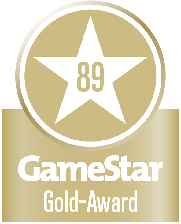 GameStar Gold-Award-Logo mit Stern und '89' in goldenem Kreis. Text: 'Gold-Award'.