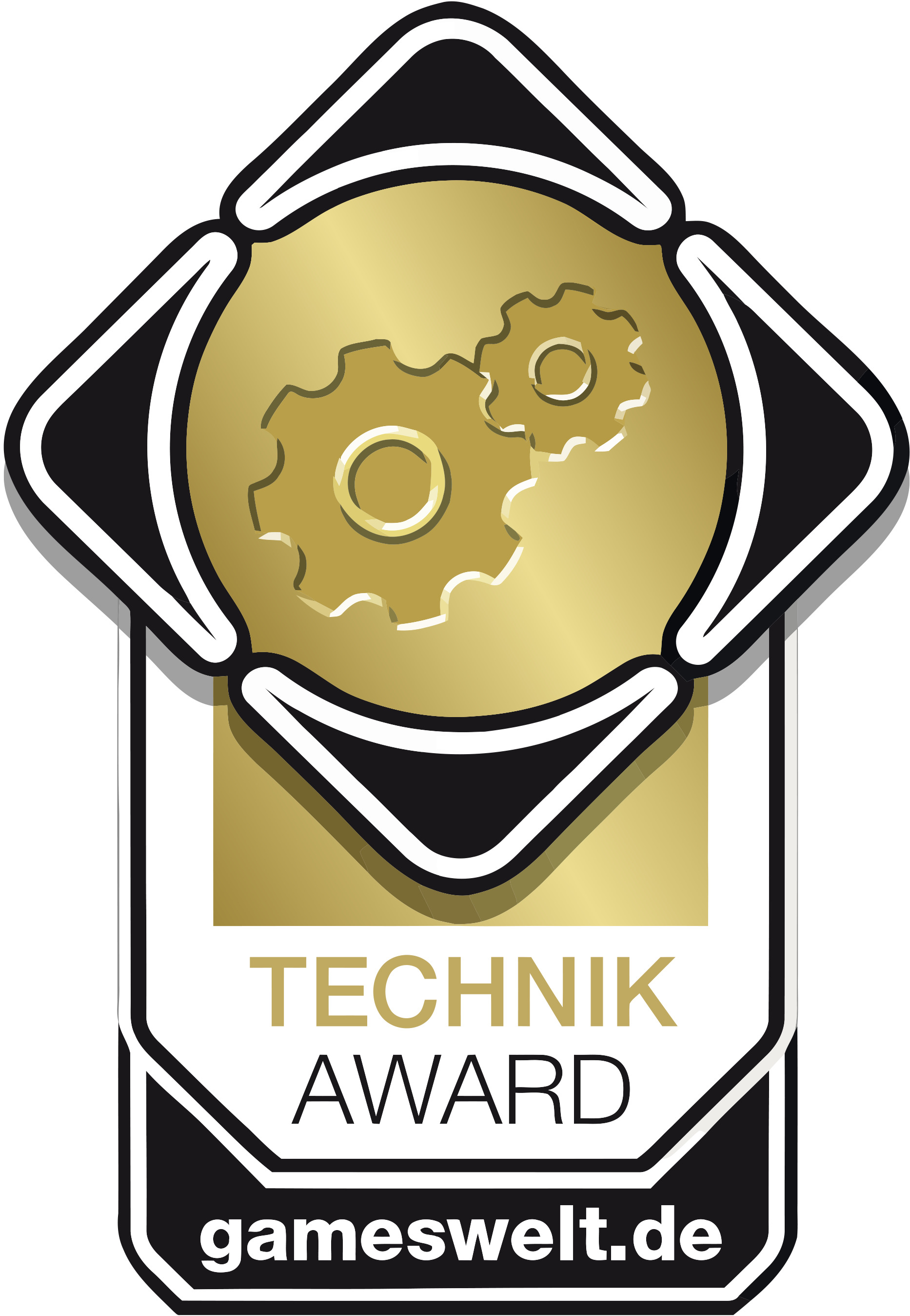 Technik-Award-Abzeichen mit goldenen Zahnrädern, schwarz-weißem Rahmen. Der Text 'TECHNIK AWARD' und 'gameswelt.de' werden angezeigt.