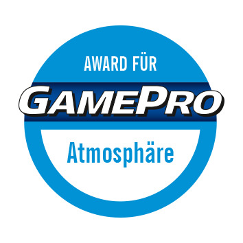 GamePro-Auszeichnungsabzeichen mit blauem Kreis, weißem Text 'GAMEPRO' und 'Atmosphäre'. Blauer Hintergrund.