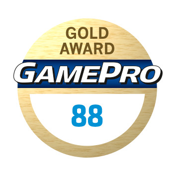 GamePro Gold Award-Abzeichen mit einem gold-blauen Kreis. Weißer Text auf blauem Streifen: 'GAMEPRO', 'GOLD AWARD' und '88'.