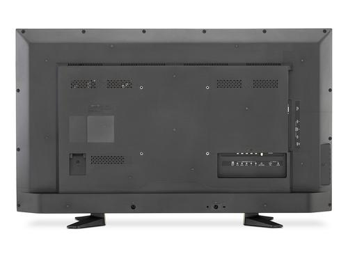 Parte trasera de una pantalla de TV negra. Varios puertos y conectores visibles.