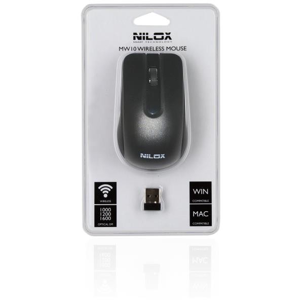 Ratón inalámbrico - Nilox MW10, 1600DPI, Óptico, Ambidextro Negro