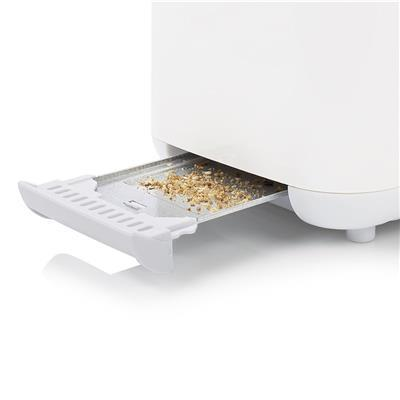 Un grille-pain blanc avec un bac à miettes étendu, contenant des miettes.