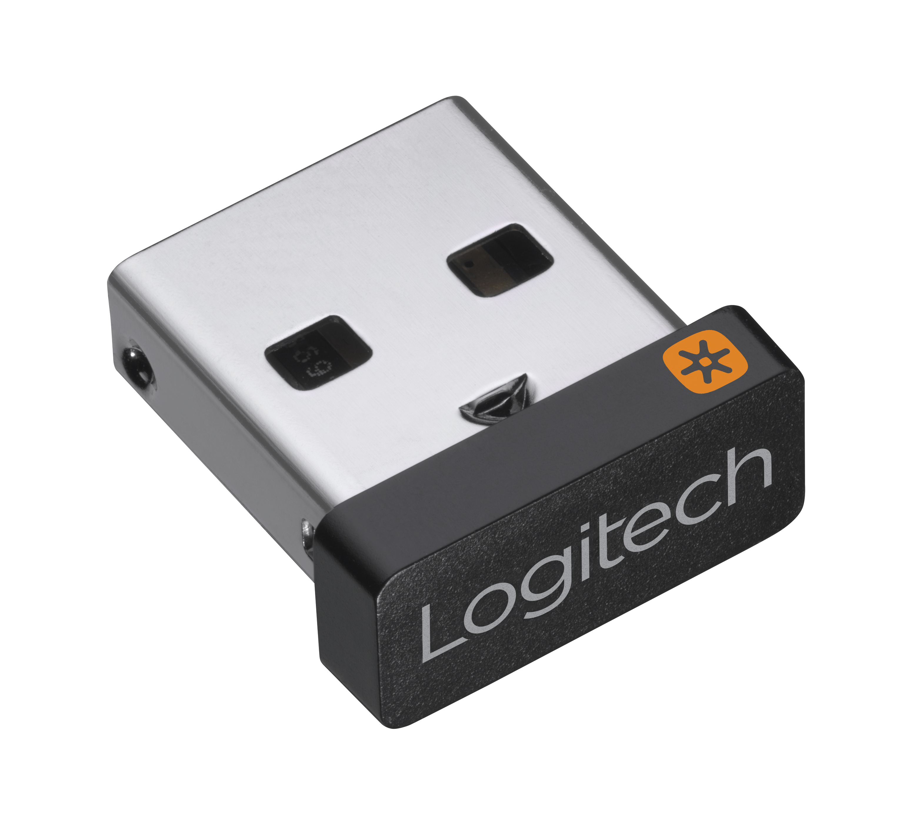 Receptor USB Logitech con esquema de color negro y plateado, logo naranja.