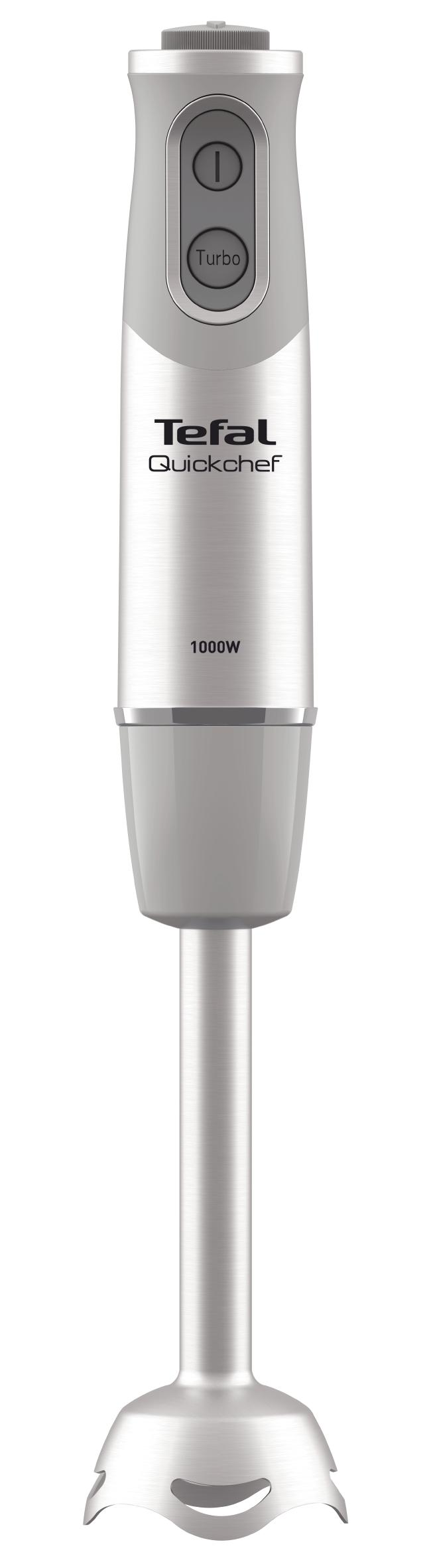 Tefal Quickchef staafmixer, grijs en wit, met Turboknop en 1000W markering.
