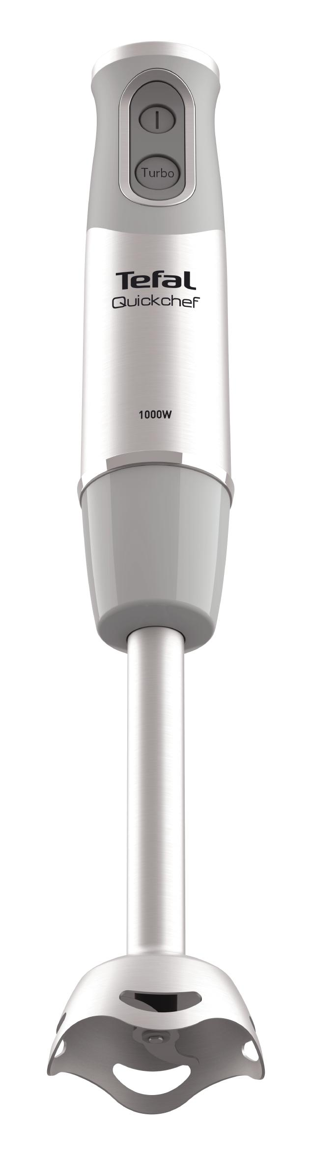 Een witte en grijze staafmixer met twee knoppen op de handgreep.