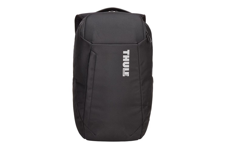 Mochila Thule negra con logo blanco, vista frontal plana.