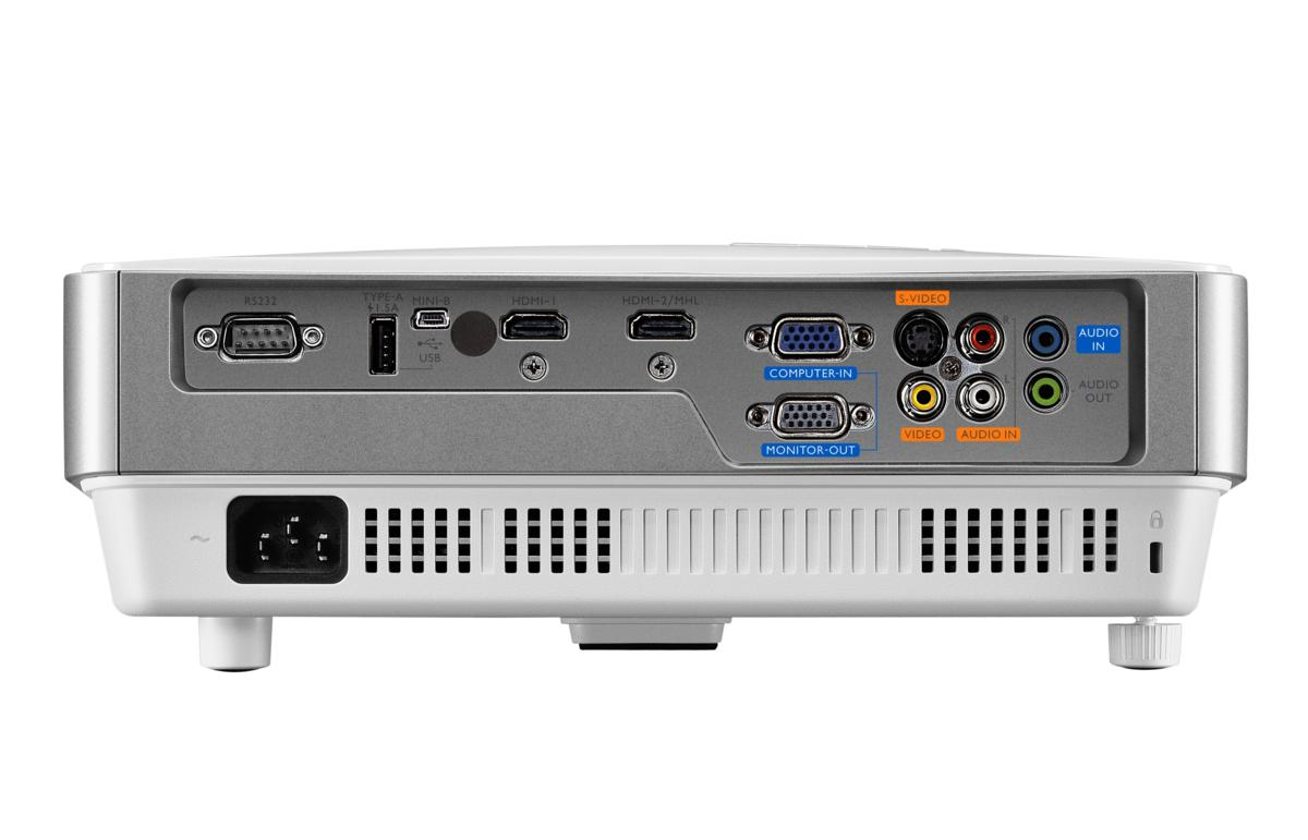 Parte trasera de un proyector con varios puertos de entrada. S-video, audio y HDMI son visibles.
